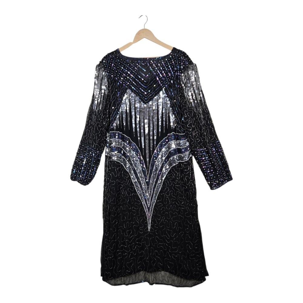 Vintage Carina Silk Beaded Dress 2X Black Art Deco Style Sequin Evening Glam